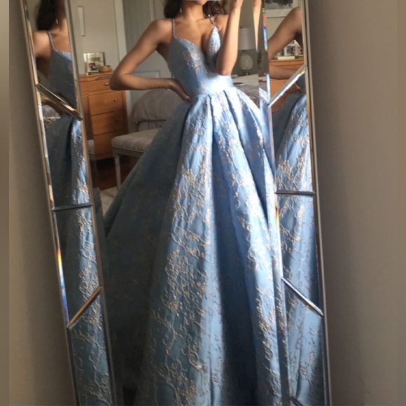 READ CAPTION Sherri Hill blue brocade prom dress style # 53328 - Picture 2 of 4